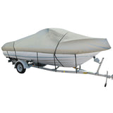 Grey Cabin Cruiser Boat Cover on boat with trailer