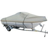 Grey Cabin Cruiser Boat Cover on boat with trailer 