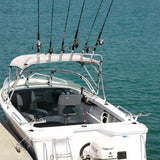Boat with rocket launcher rod holder on boat with 6 fishing rods