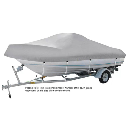 Cabin Cruiser Boat Cover  - Gray boat cover on a trailer with text indicating number of tie-down straps.