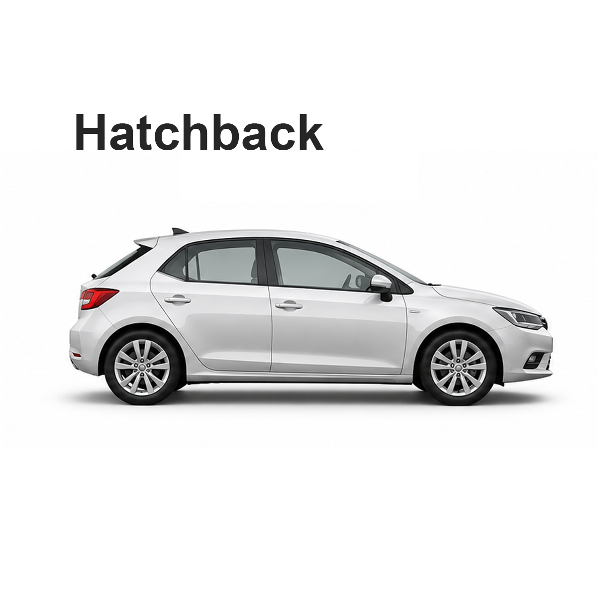 Side profile of a white hatchback on a white background with the word Hatchback above