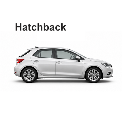 Side profile of a white hatchback on a white background with the word Hatchback above