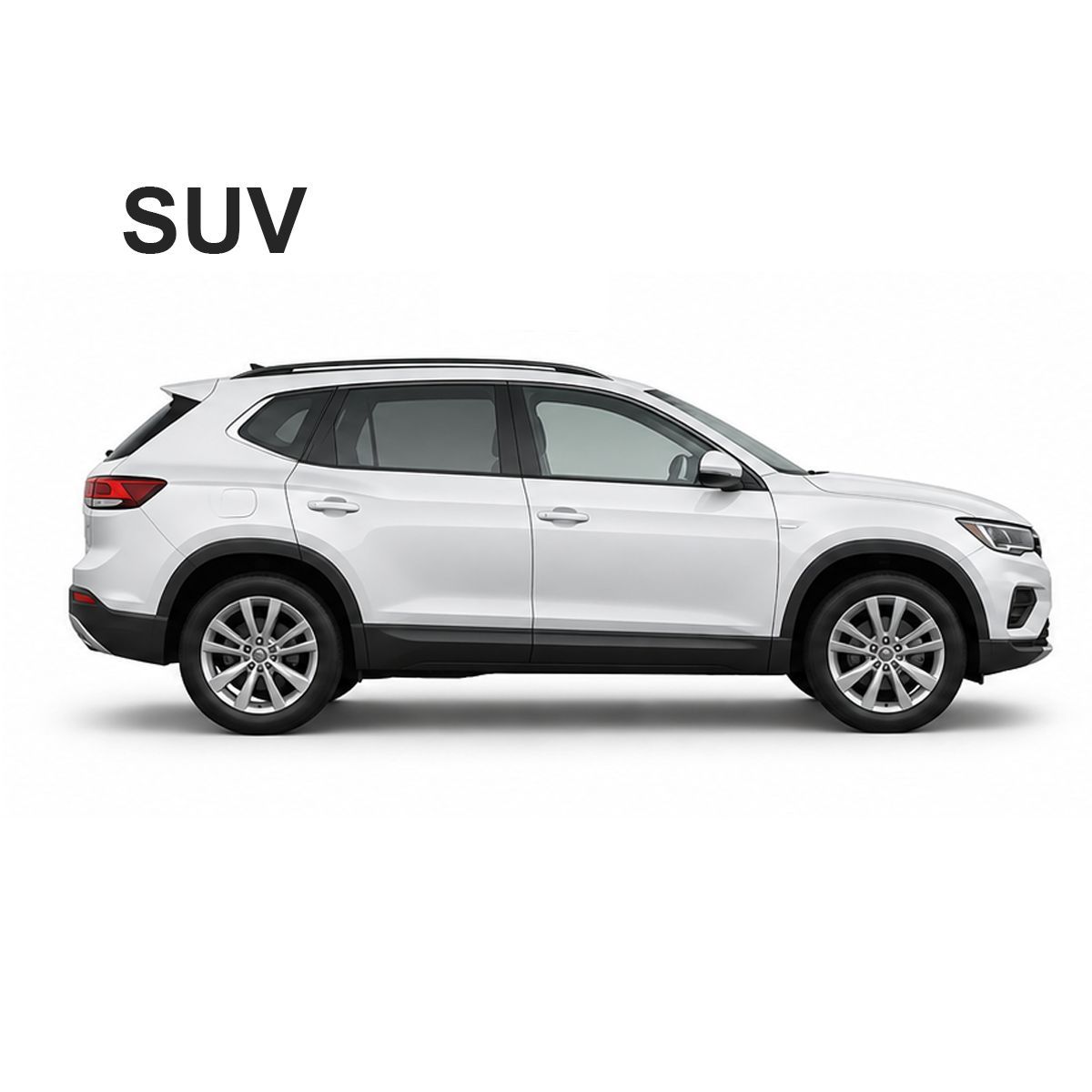 Side profile of a white SUV on a white background with the word SUV above