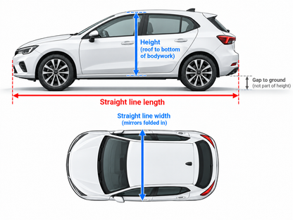 Hatchback measurement diagram showing straight-line length, width, body height and ground gap