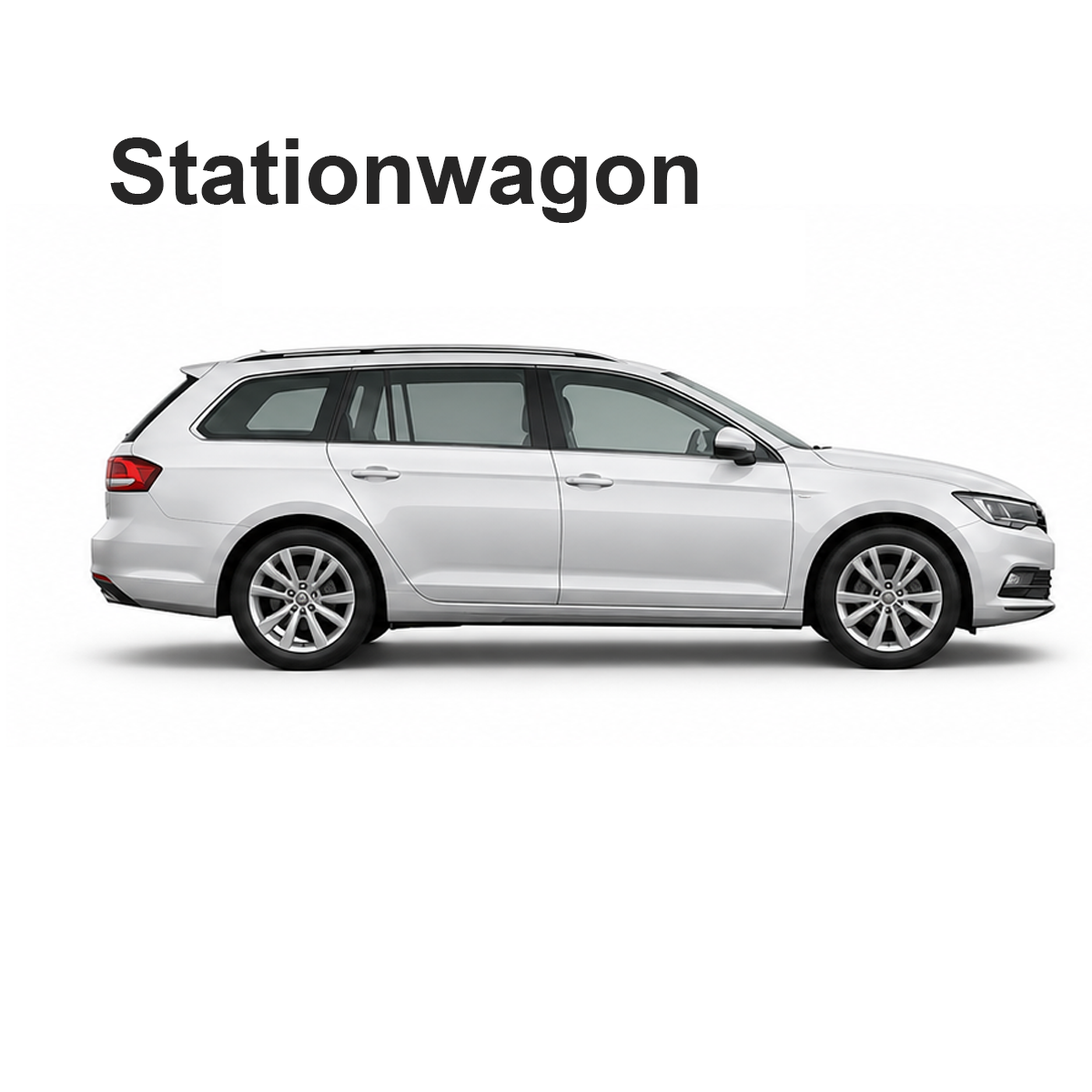 Side profile of a white station wagon on a white background with the word Stationwagon above