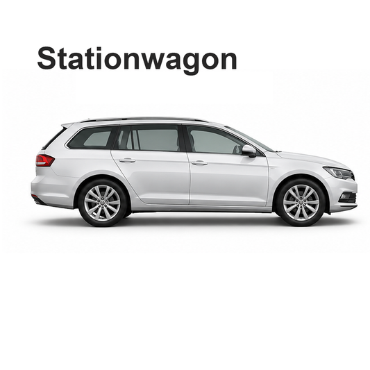 Side profile of a white station wagon on a white background with the word Stationwagon above
