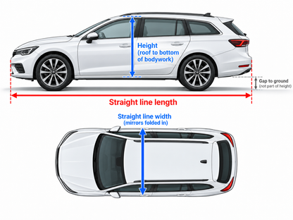 Station wagon measurement diagram showing straight-line length, width, body height and ground gap