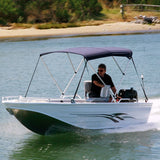 Blue Aluminium 3 Bow Bimini Top on boat with man driving 