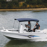 Blue Aluminium 4 Bow Bimini Top on boat with man driving on water
