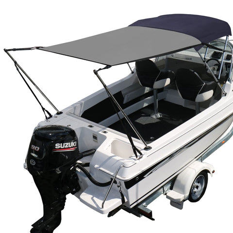 Grey Bimini Extension Kit on boat with Suzuki motor 