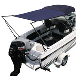Blue Bimini Extension Kit on boat with Suzuki motor