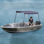 Blue Aluminium 2 Bow Bimini Top on boat with man fishing