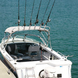 Boat with rocket launcher rod holder on boat with 6 fishing rods 